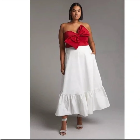ANTHROPOLOGIE Bow Tie Maxi Dress Flounce Hem Strapless Red White Hutch NWT - Picture 6 of 8